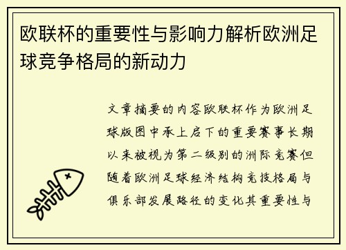 欧联杯的重要性与影响力解析欧洲足球竞争格局的新动力